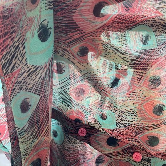 Kut From The Kloth Women's Peacock Print Semi-Sheer Tie Button Up Shirt‎ Size L - Picture 9 of 11